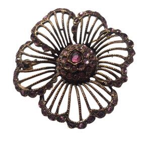 Vintage Copper-Tone Floral Rhinestone Brooch – Pink Crystal Flower Pin, 1.75"